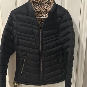 Black Chevron Quilted and Leopard Print Reversible Puffer Jacket